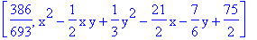 [386/693, x^2-1/2*x*y+1/3*y^2-21/2*x-7/6*y+75/2]